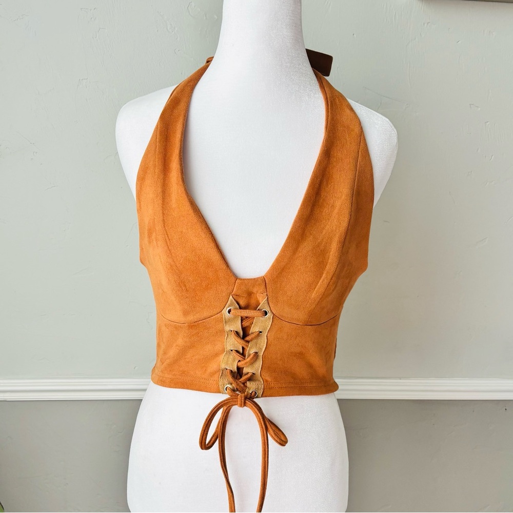 SHEIN Brown Lace-Up Halter Crop Top